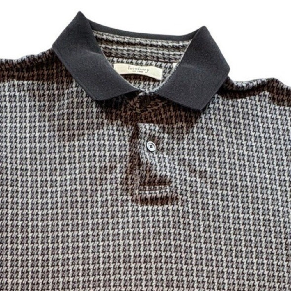 Turnbury Houndstooth Polo Shirt Mens Large L Long Sleeve Black Gray Cotton Knit